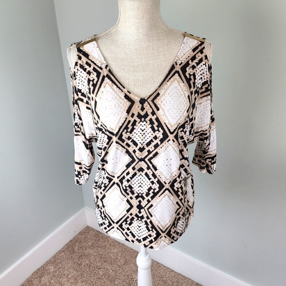 INC Cold Shoulder Gold Embellishments V Neck And Back Top Size Medium Petite